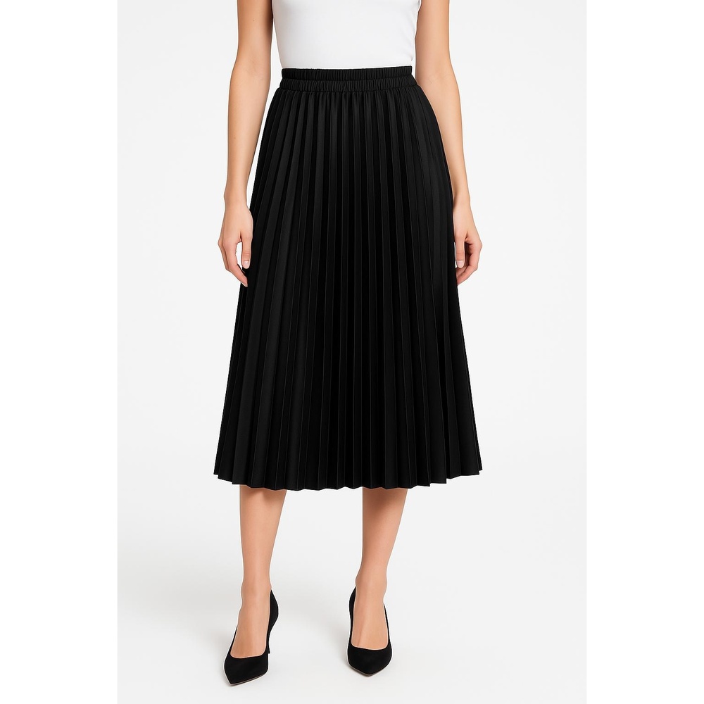 NWT Chartou Womens Black Elastic Waistband Pleated Elegant Midi Skirt Size XS